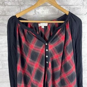 Weekend Suzanne Betro Red Black Plaid Henley Popover Top Balloon Sleeves 4X